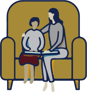 Parent and child sitting on sofa